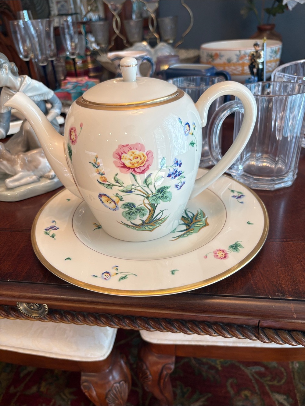 Tiffany & Co. Cream Floral Porcelain Teapot with Gold Trim